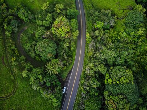 An aerial view of the famous Road to Hana (Hana Highway) in Maui ...