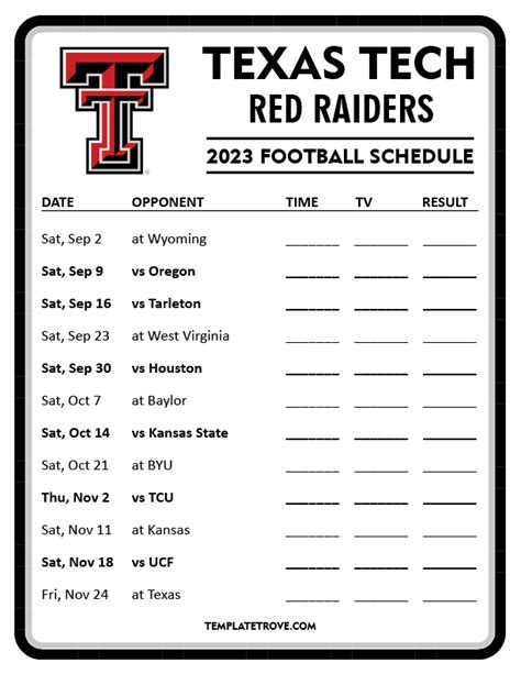 Printable 2023 Texas Tech Red Raiders Football Schedule