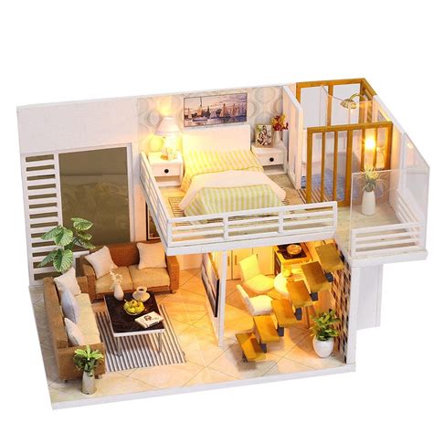 3D Cozy DIY Wooden Miniature Dollhouse Kits with Dust Cover, LED Light ...