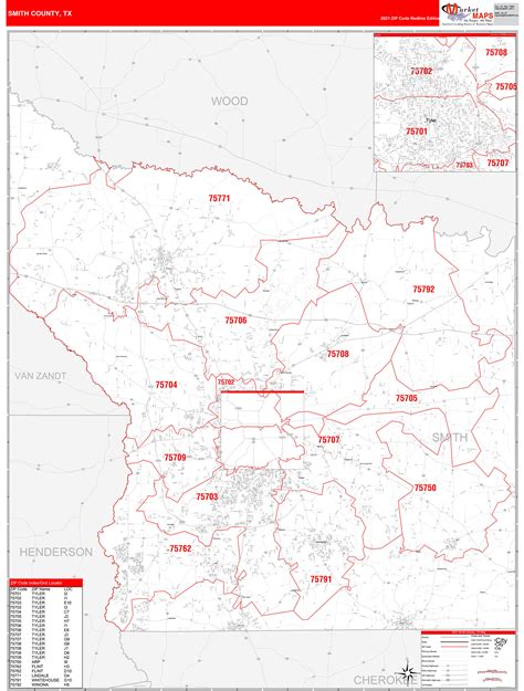 Smith County, TX Zip Code Wall Map Red Line Style by MarketMAPS - MapSales