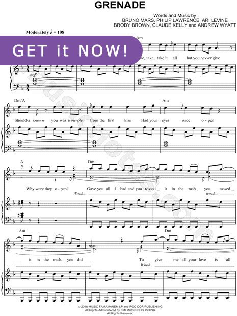 Bruno Mars - Grenade Sheet Music - Music Notes for Piano