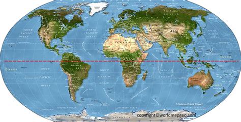 World Map with Equator, Countries, and Prime Meridian