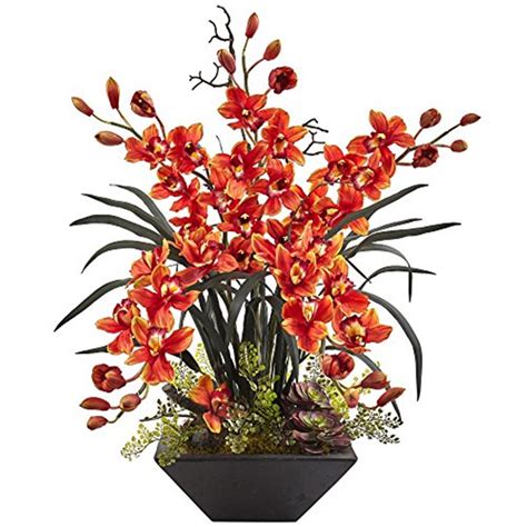 Nearly Natural Cymbidium Orchid Silk Arrangement with Black Vase ...