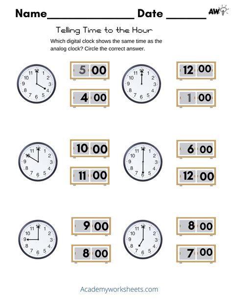 Telling Time to the Hour - Match Digital to Analog - Academy Worksheets