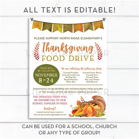 Editable Thanksgiving Food Drive Flyer Template, 8.5x11 PTA/PTO Flyer ...