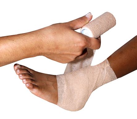 Bandaging A Sprained Ankle With An Ace Bandage Stock Photo - Download ...