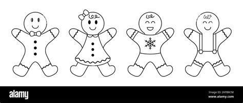 Collection of outline gingerbread man and woman biscuit. Christmas line ...