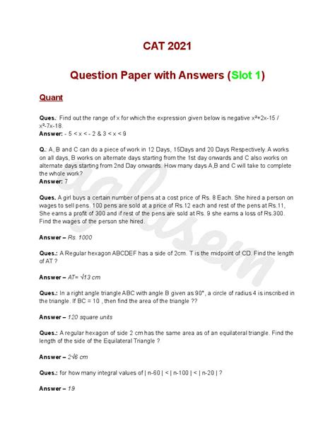 Question Paper and Answer Key of CAT 2021 Slot 1