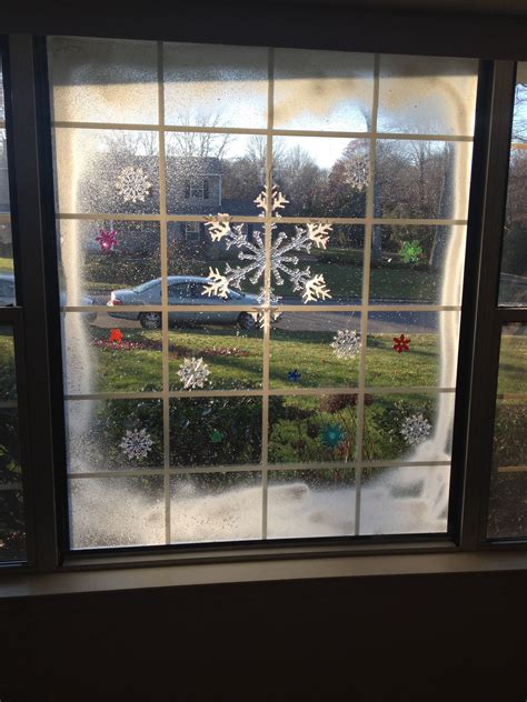 Christmas Window Art: Spray Snow and Cling Ons