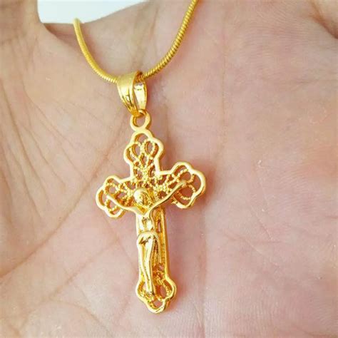 Jesus Cross Pendant Necklace Yellow Gold Filled Classic Womens Mens ...