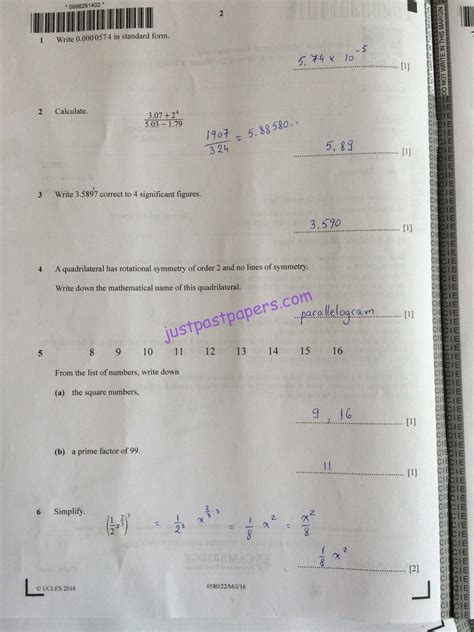 CIE – 0580 MATHEMATICS (Extended), PAPER 22 , MAY/JUNE 2016 – Answers ...