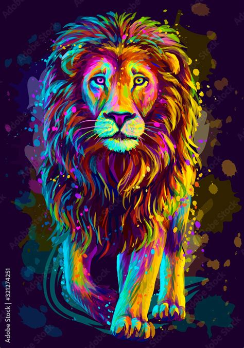 Lion. Artistic, neon color, abstract portrait of a lion walking forward ...