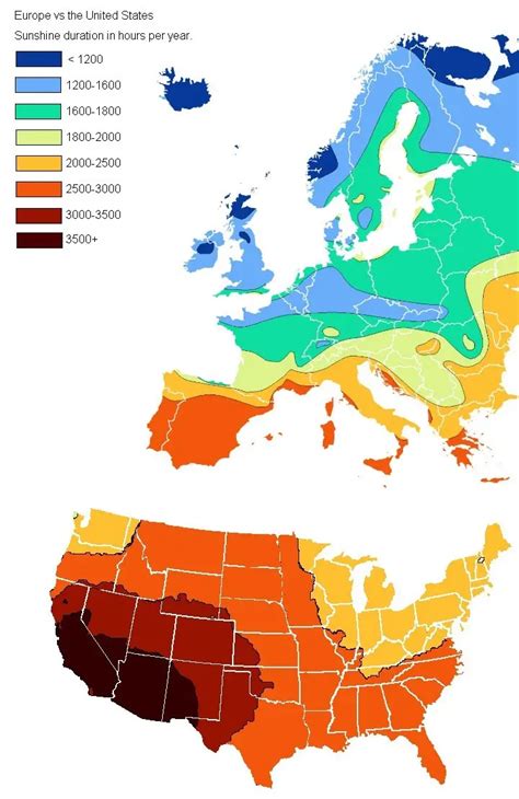 Europe vs. USA: The amount of hours of sunlight each year - Vivid Maps