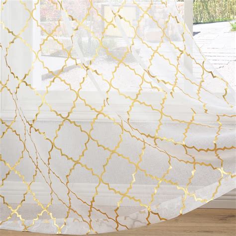 Buy Kotile White and Gold Sheer Curtains 108 Inch Length, Gold Foil ...