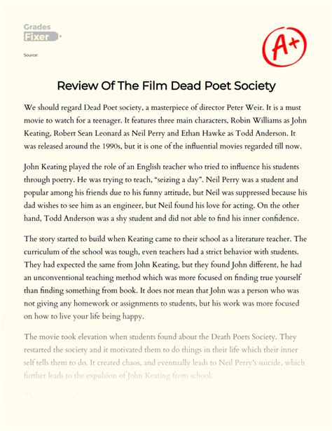 Review Of The Film Dead Poet Society: [Essay Example], 498 words