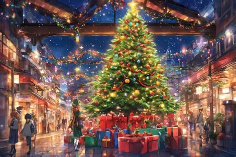 Premium AI Image | Anime style Christmas tree decorated with blinkers ...