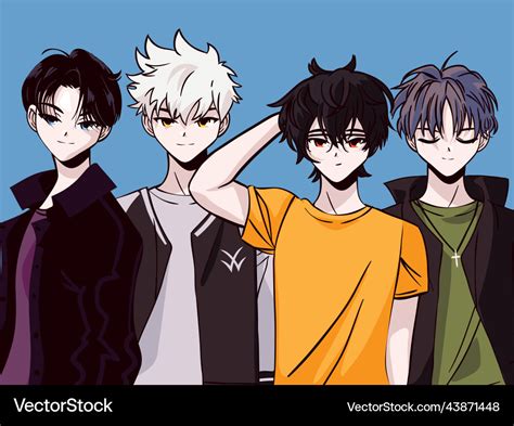 Anime group young men Royalty Free Vector Image