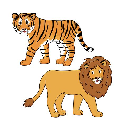 Tiger and lion vector isolated animals. Hand drawn cartoon drawing on ...