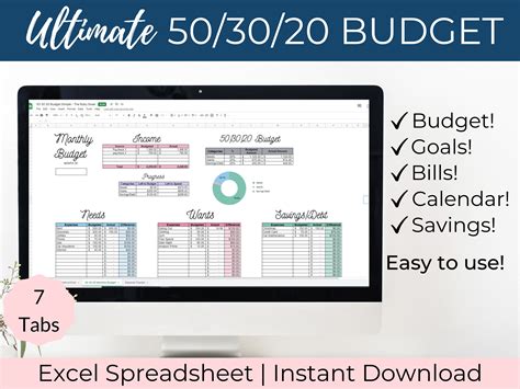 50 30 20 Budget Excel Budget Template 50 30 20 Rule Digital Budget ...