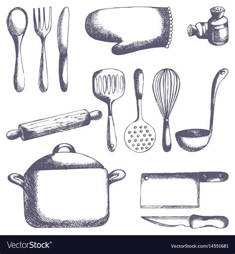 Kitchen tools set hand drawing Royalty Free Vector Image