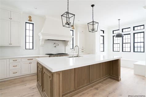 White Custom Cabinets with Natural Wood Island | Lake house kitchen ...