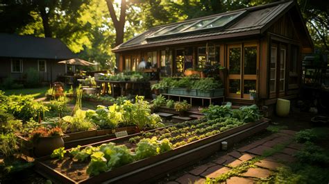 Wooden house in village with plants and flowers in backyard garden ...