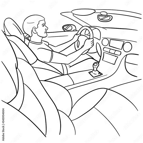 Monochrome vector illustration of a man sitting and driving in the car ...