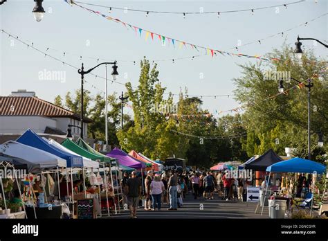 Manteca, California, USA - July 15, 2021: People attend a street fair ...