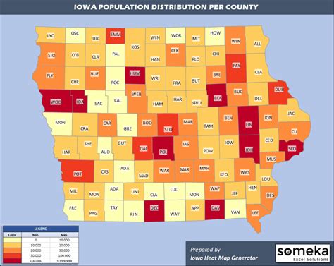 Iowa County Map and Population List in Excel