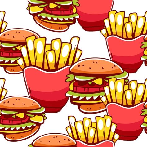 Premium Vector | Vector pattern hamburgers fries and drinks cartoon style