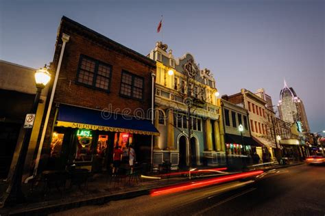 Traffic and Buildings on Dauphin Street at Night, in Mobile, Alabama ...