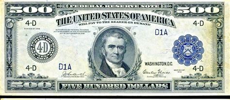 Reproduction US $500 Dollar Bill, Series 1918 Large size with BLUE seal ...