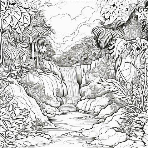 a black and white drawing of a waterfall surrounded by trees ...