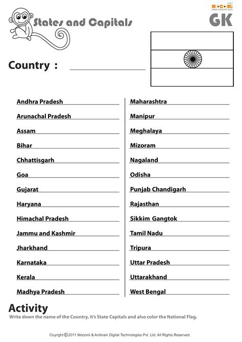 Indian States And Their Capitals - English Worksheets for Kids | Mocomi