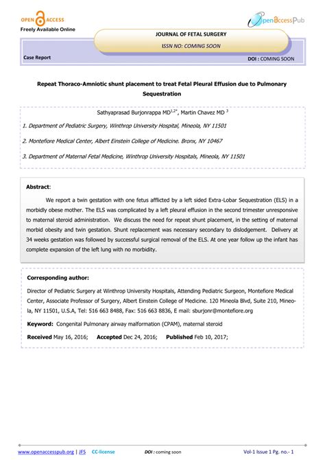 (PDF) JOURNAL OF FETAL SURGERY: Repeat Thoraco-Amniotic shunt placement ...