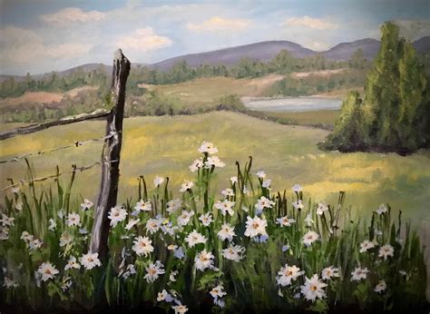 Pretty Country Landscape Oil Painting With Daisies - Etsy