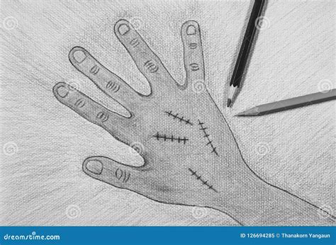 Hand Drawn Right Hand with Wound Suture on White Paper Background ...