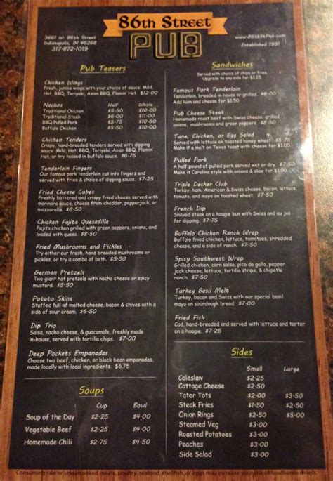 Menu at 86th Street Pub, Indianapolis