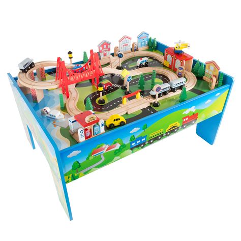 Wooden Train Set Table for Kids, Deluxe Had Painted Wooden Set with ...