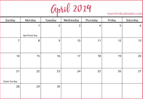 April 2019 Calendar Printable