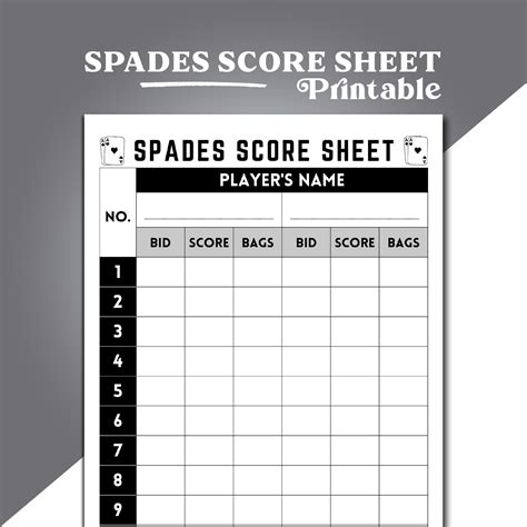 Spades Score Sheet, Spades Scorekeeper, Spades Card Game Score Sheet ...