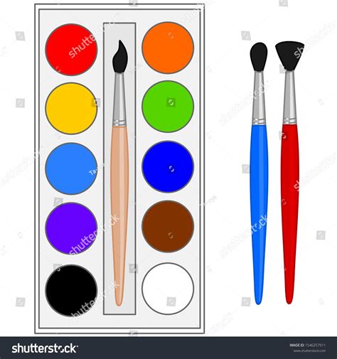 Set of watercolor paints and three brushes, color vector clip art on ...