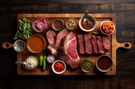 Premium AI Image | A cutting board with meat and sauces on it