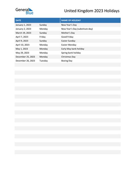 United Kingdom Holidays 2023 in PDF, Word and Excel