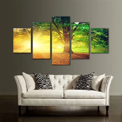 5 Panel Picture Golden Sunshine Forest Tree Landscape Painting Wall Art ...