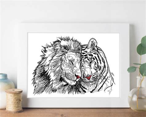 Lion and Tiger Print, Anniversary Gift, Lion Line Drawing, Tiger ...