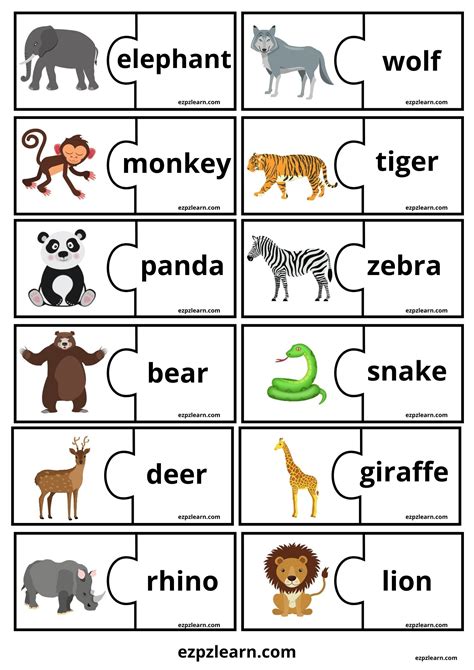 Wild Animals Word Match Game - Ezpzlearn.com