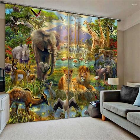 Luxury Blackout 3D Window Animal Print Curtains Customized Animal Park ...