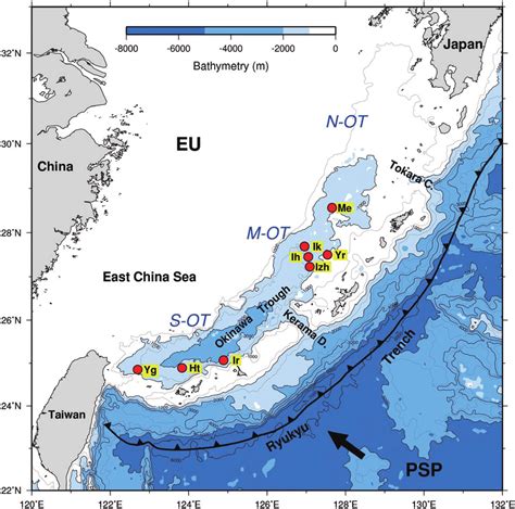 Distribution of hydrothermal vent fields in the Okinawa Trough. Me ...