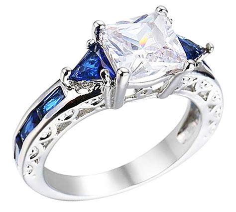 Princess Cut Deep Blue Sapphire Ring - Plated in White Gold - Thin Blue ...